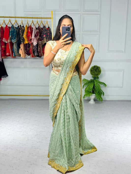 Sea Green Heavy Georgette Lehenga Saree By WTW
