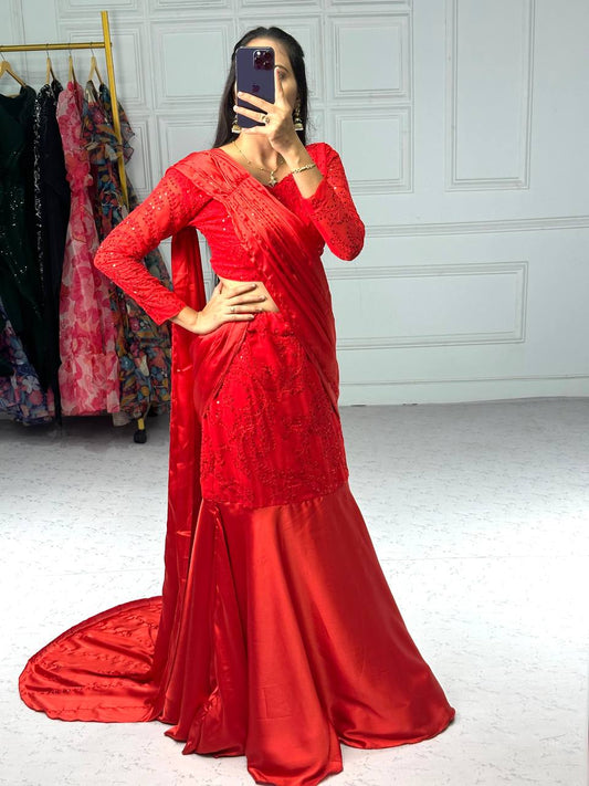 Opulent Red Color Attached Dupatta Lehenga Saree By WTW