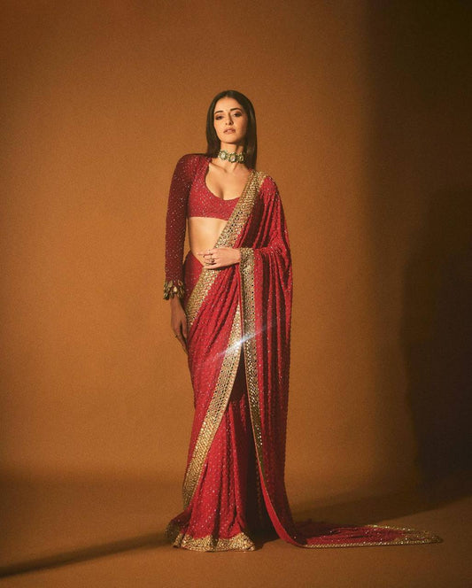 Ananya Pandey In Red Sequenced Indian Designer Saree For Wedding By WTW