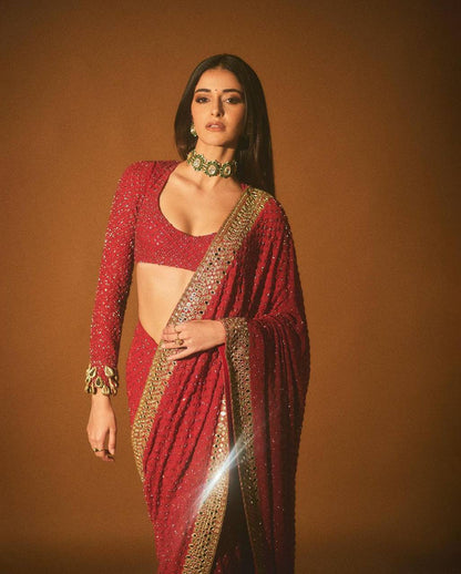 Ananya Pandey In Red Sequenced Indian Designer Saree For Wedding By WTW