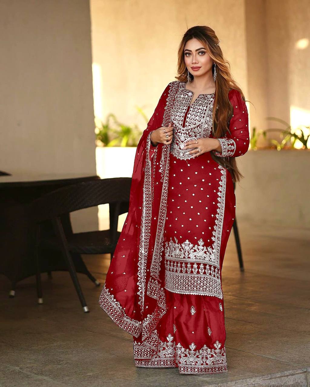 Pretty Red Color Georgette Embroidery Sequence Salwar Suit By WTW