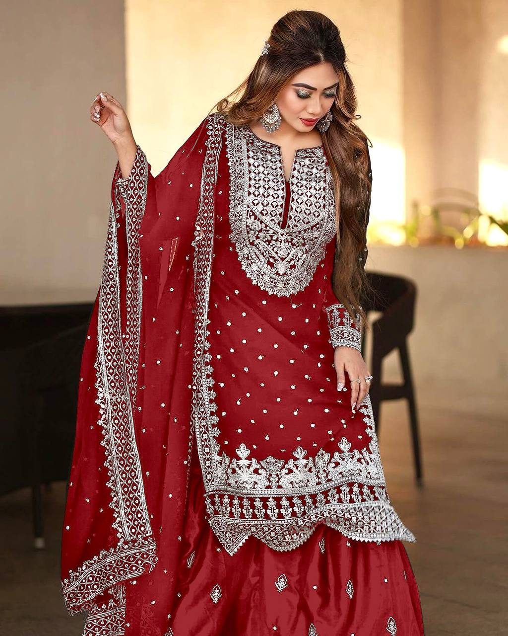 Pretty Red Color Georgette Embroidery Sequence Salwar Suit By WTW