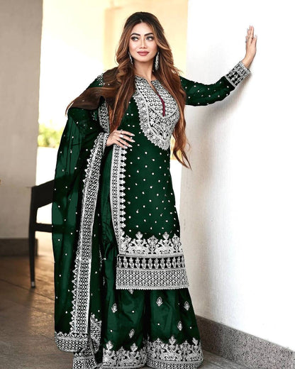 Pretty Stone Green Georgette Embroidery Sequence Salwar Suit By WTW