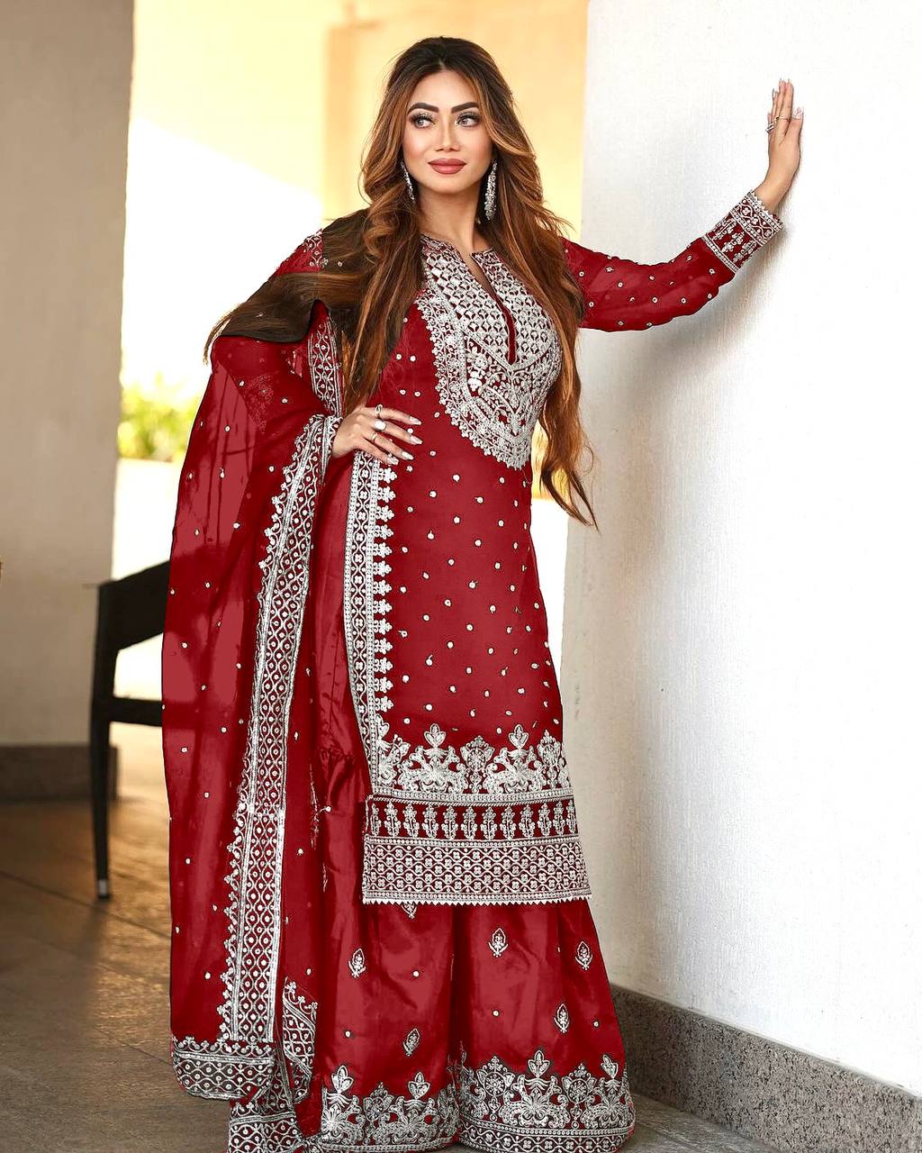 Pretty Red Color Georgette Embroidery Sequence Salwar Suit By WTW