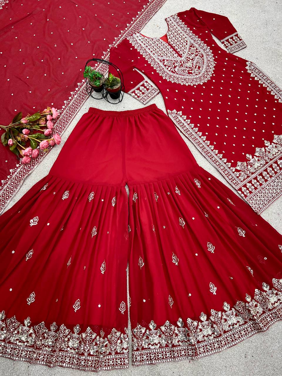 Pretty Red Color Georgette Embroidery Sequence Salwar Suit By WTW