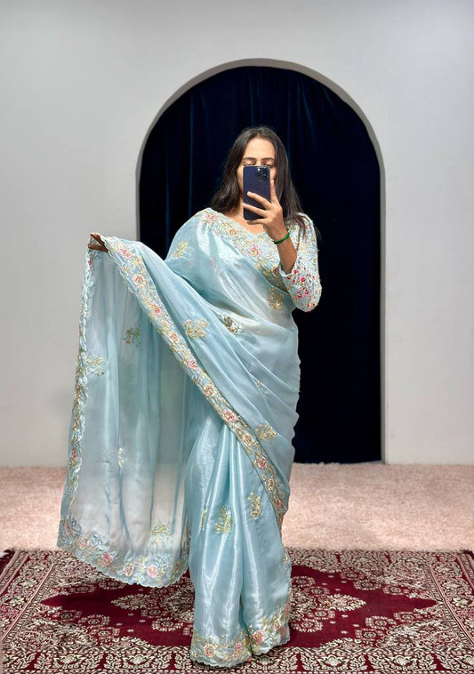 Aglow Sky Blue Color Jimmy Choo Thread Embroidery Work Saree By WTW