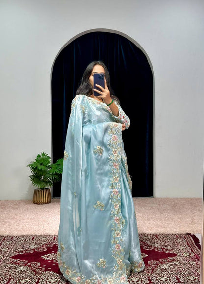 Aglow Sky Blue Color Jimmy Choo Thread Embroidery Work Saree By WTW