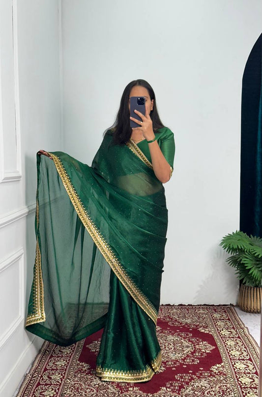 Classic Green Color Burberry Foil And Zari Embroidery Work Saree By WTW