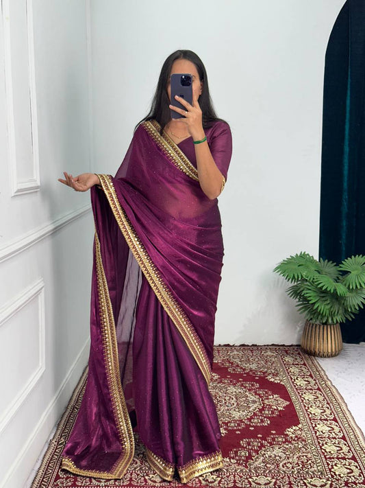 Classic Purple Color Burberry Foil And Zari Embroidery Work Saree By WTW