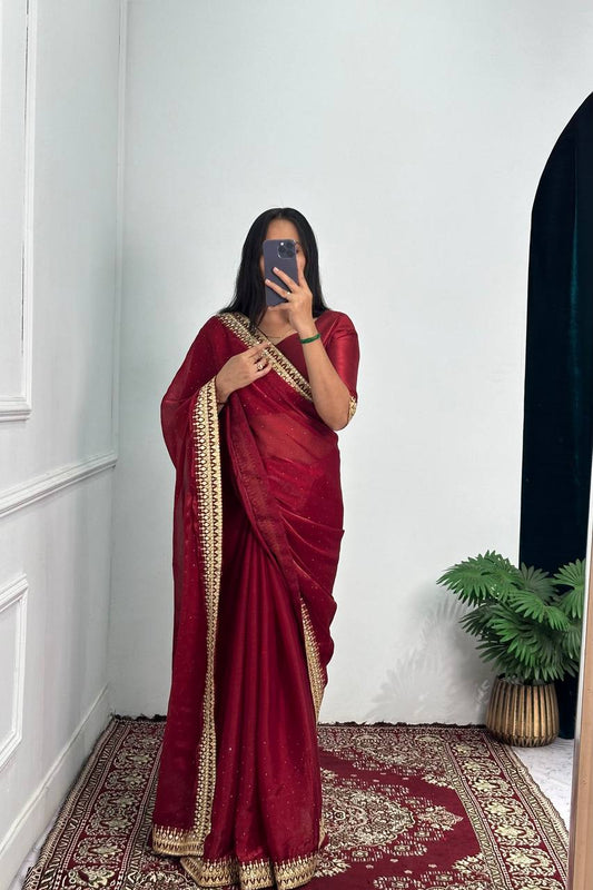 Classic Red Color Burberry Foil And Zari Embroidery Work Saree By WTW