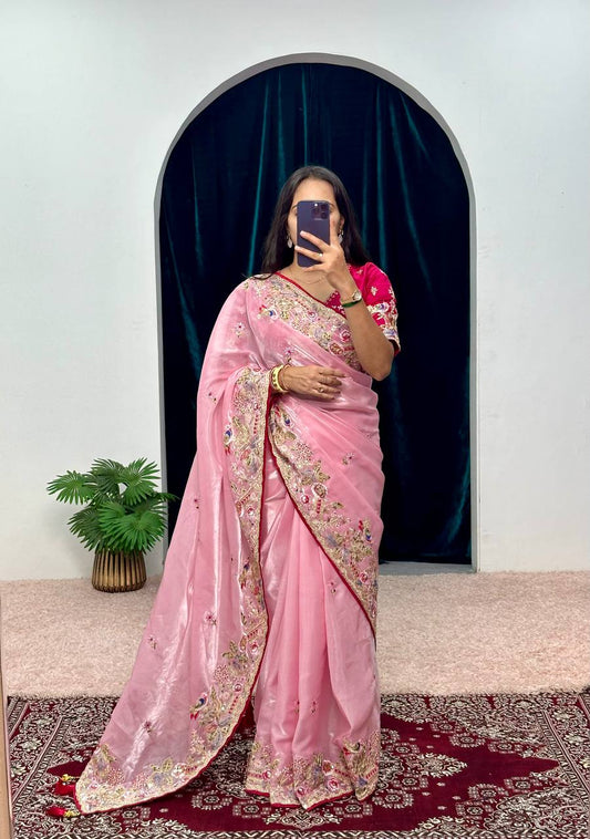Pretty Pink Color Jimmy Choo Embroidery Sequins Saree By WTW