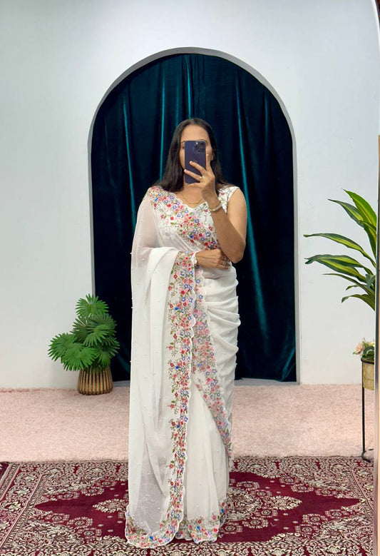 Party Wear White Color Embroidery Thread And Hand Work Saree By WTW