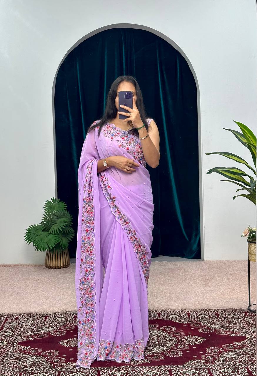 Attractive Purple Color Embroidery Thread And Hand Work Saree By WTW