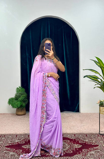 Attractive Purple Color Embroidery Thread And Hand Work Saree By WTW