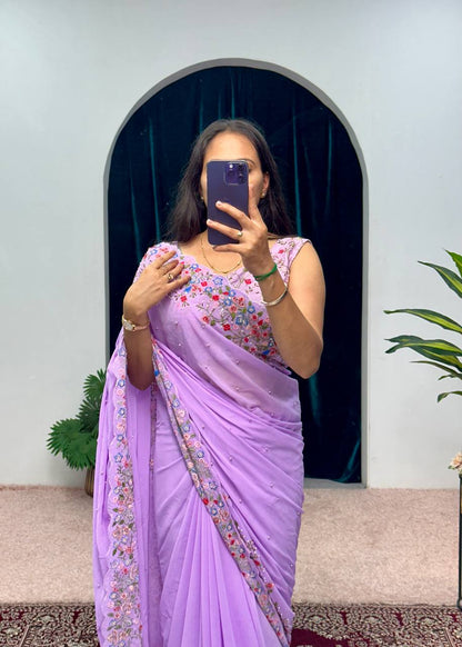 Attractive Purple Color Embroidery Thread And Hand Work Saree By WTW