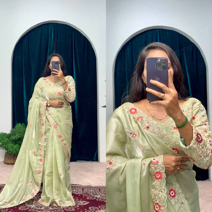 Pretty Green Color Jimmy Choo Embroidery Sequins Saree By WTW