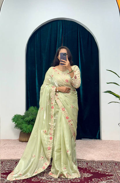 Pretty Green Color Jimmy Choo Embroidery Sequins Saree By WTW