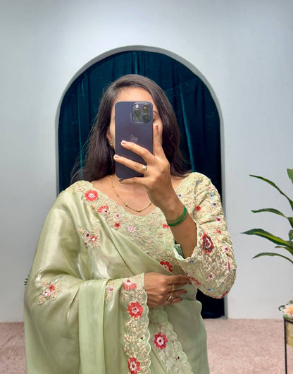 Pretty Green Color Jimmy Choo Embroidery Sequins Saree By WTW