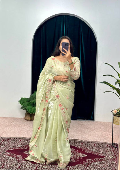 Pretty Green Color Jimmy Choo Embroidery Sequins Saree By WTW