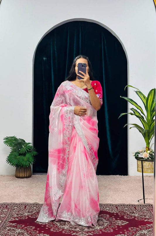 Fancy Pink Color Burberry Blooming Zari Embroidery Saree By WTW
