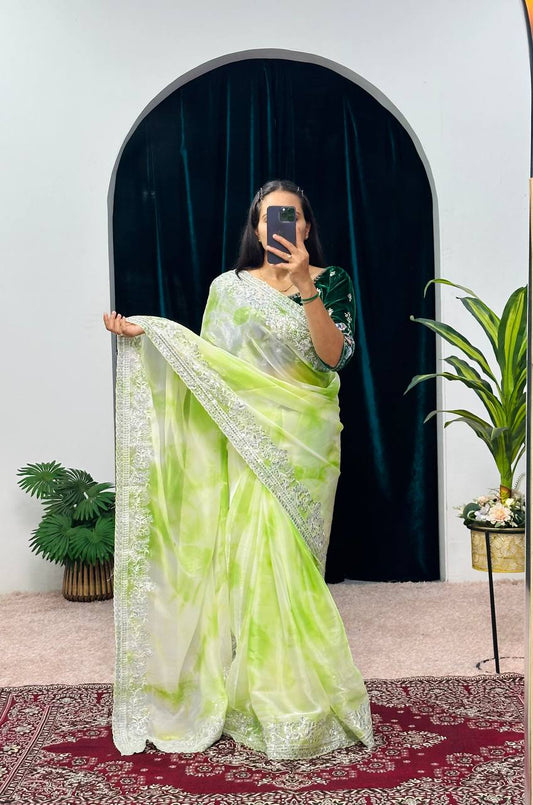 Fancy Green Color Burberry Blooming Zari Embroidery Saree By WTW