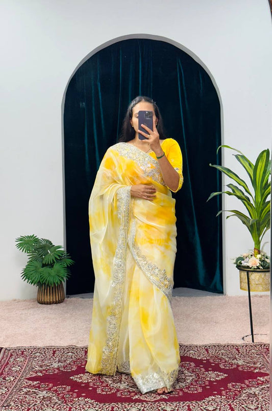 Fancy Yellow Color Burberry Blooming Zari Embroidery Saree By WTW