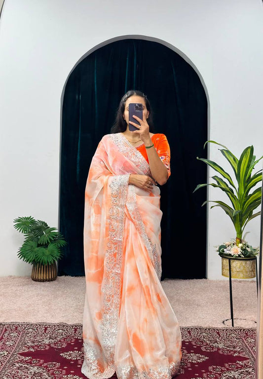 Fancy Orange Color Burberry Blooming Zari Embroidery Saree By WTW