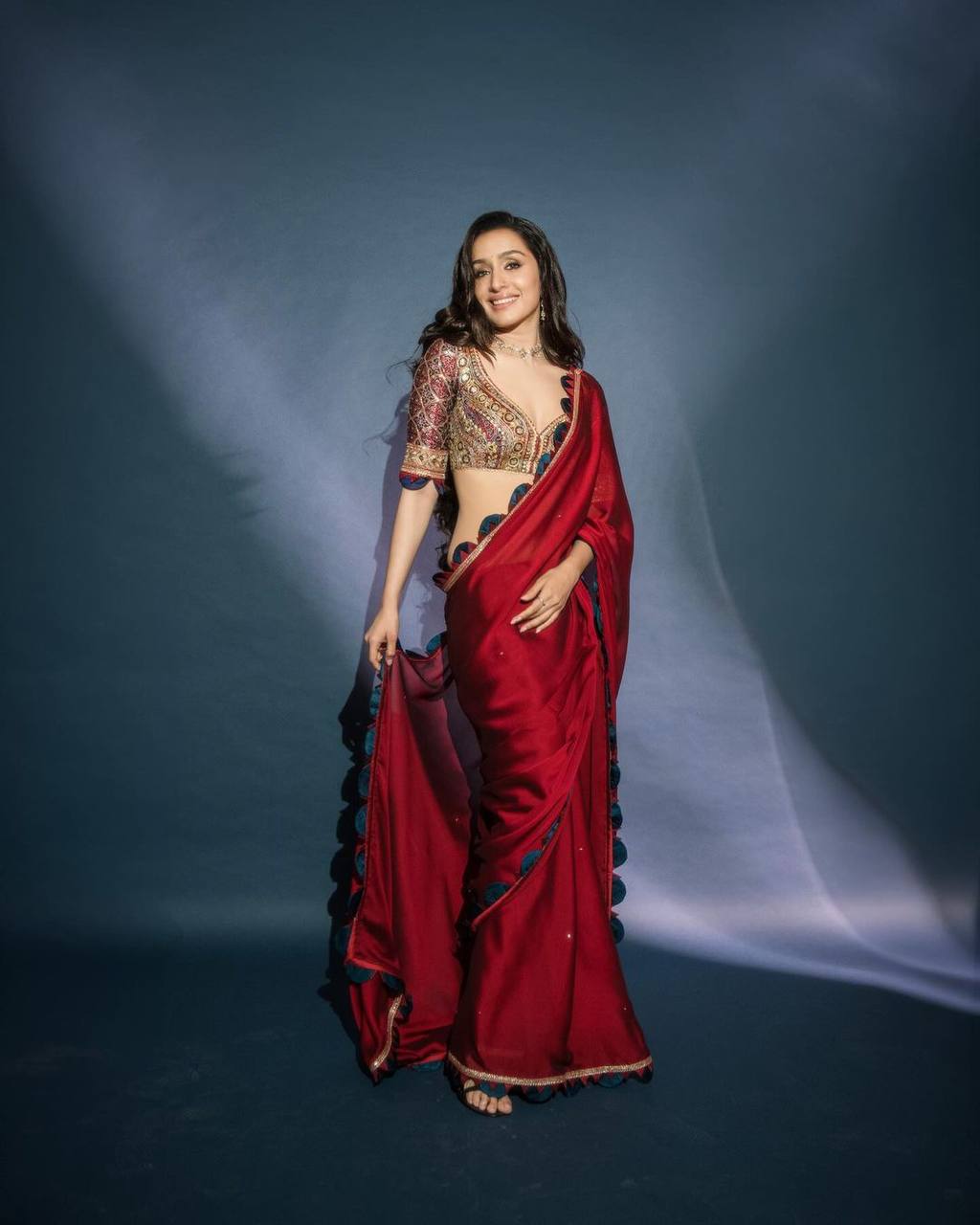 Wine Sequin Embroidered Draped Saree By WTW