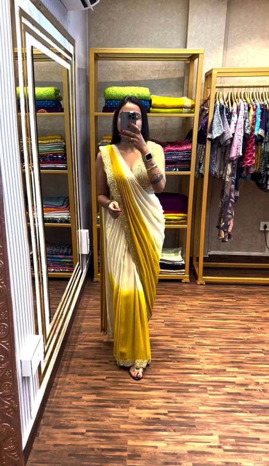 Cream And Yellow Georgette Designer Drape Saree By WTW