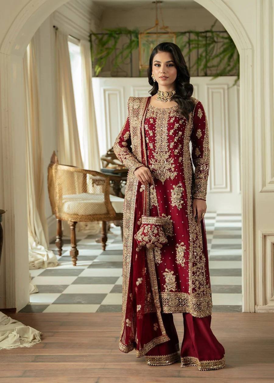 Red Faux Georgette Thread Work Plazzo Suit By WTW