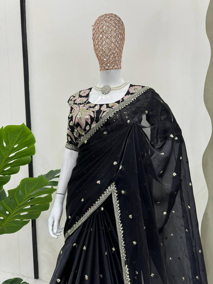 Black Shimmery Organza Designer Saree By WTW