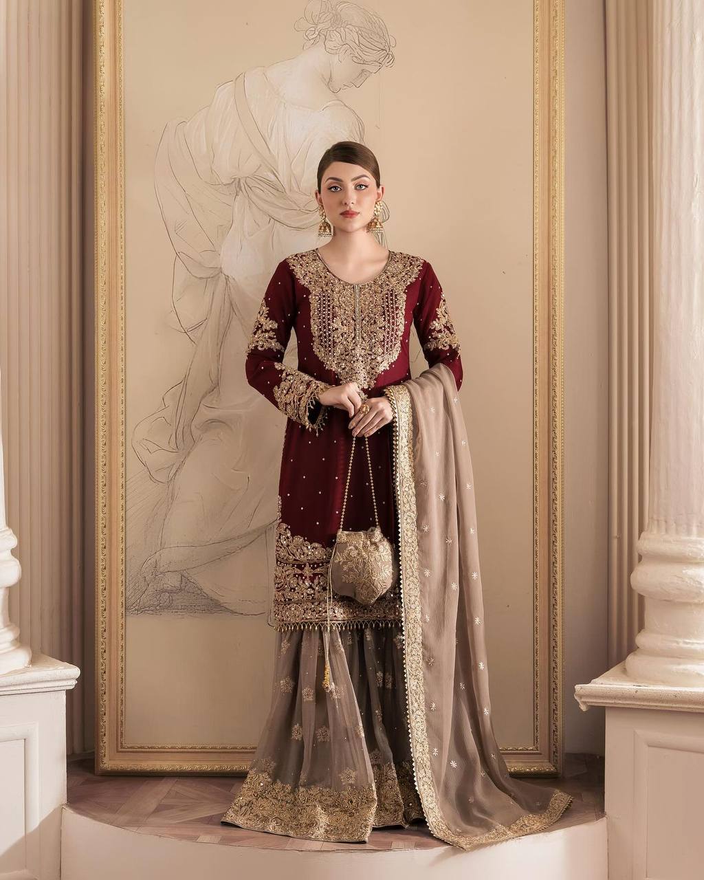 Maroon Faux Georgette Sequence Embroidery Work Sharara Suit By WTW