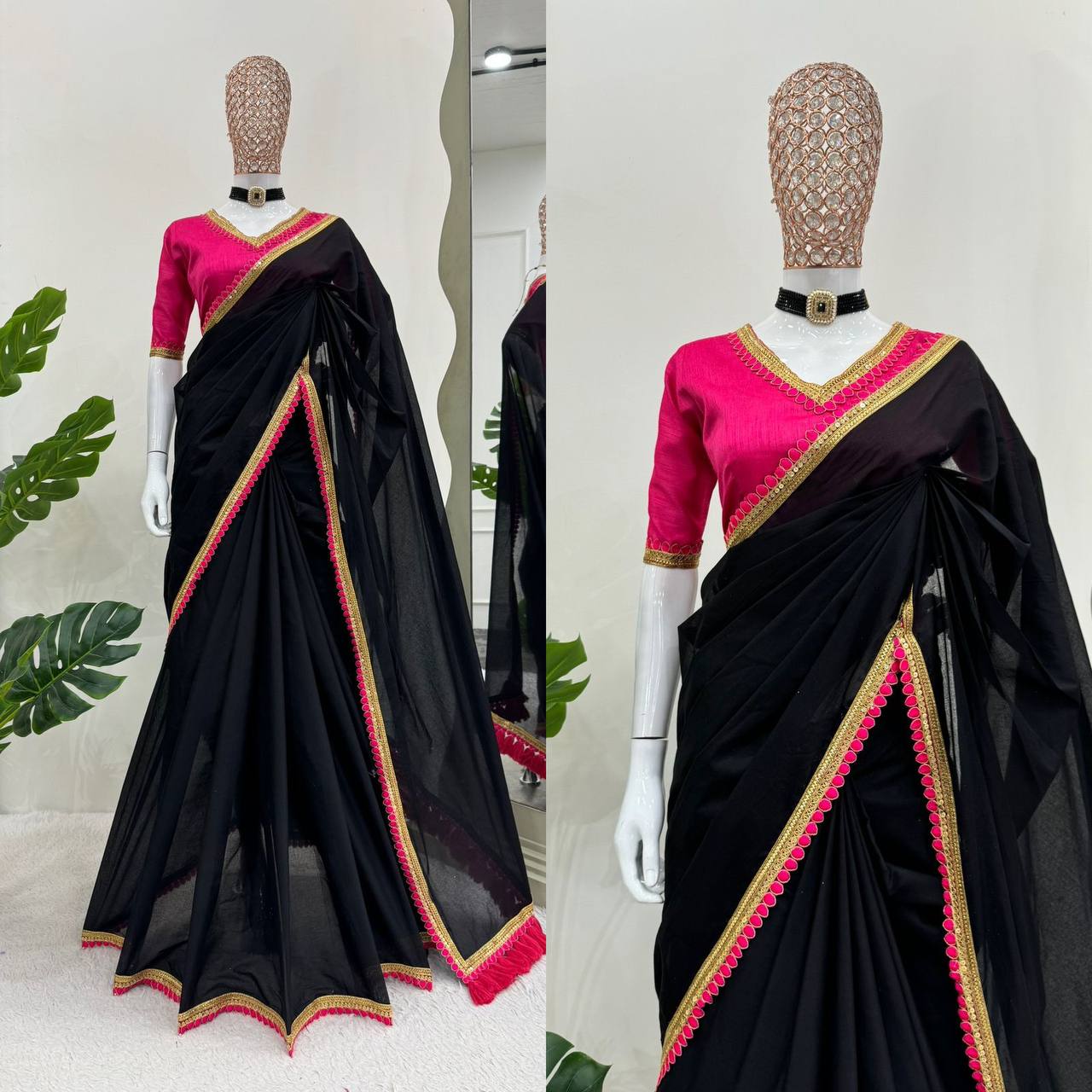 Cotton Fabric Saree With Golden Border For Wedding By WTW