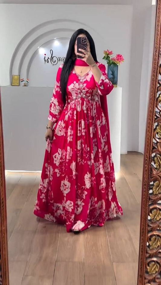 Faux Georgette With Embroidery Thread Work With Digital Print Gown By WTW