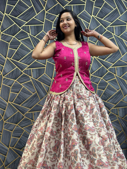 Pink Crop Top Lehenga With Digital Print Work And Embroidery Ready To Wear By WTW