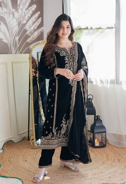 Black Viscose Velvet Sequence Embroidery Work Salwar Suit By WTW