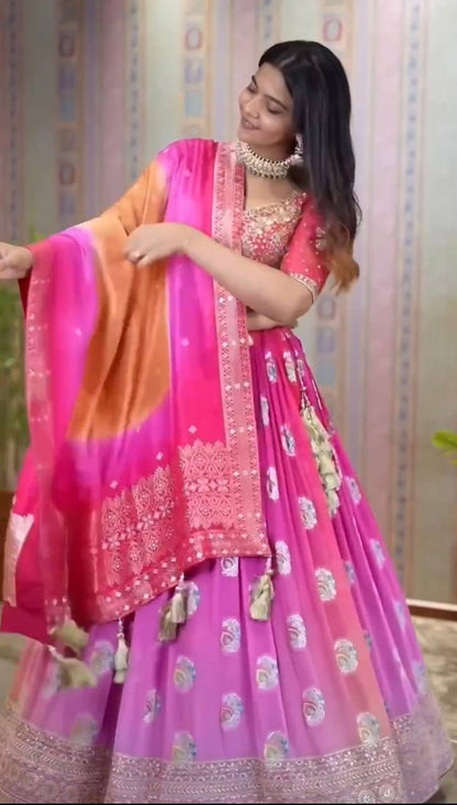 Wedding Special Pink Chinnon Silk Lehenga Choli With Embroidery Work By WTW