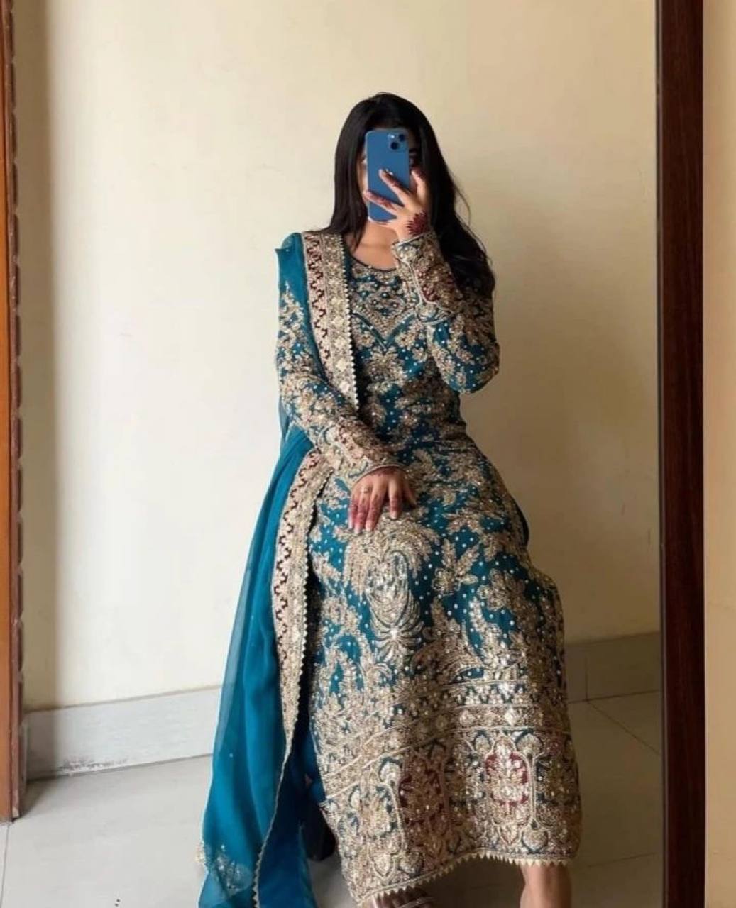 Blue Heavy Embroidered Long Kurta With Palazzo And Laces Dupatta By WTW