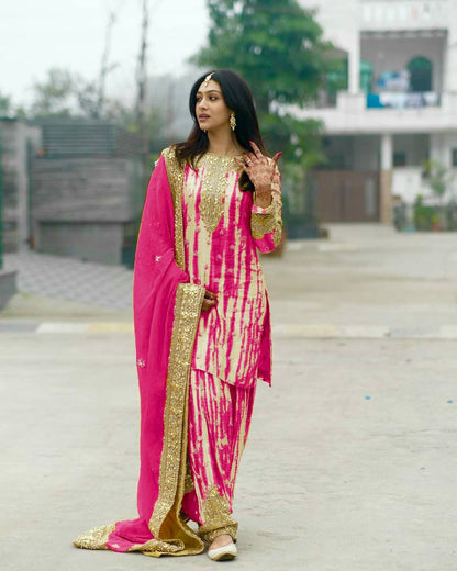 Super Pink Chinnon Digital Printed Embroidery Salwar Suit By WTW