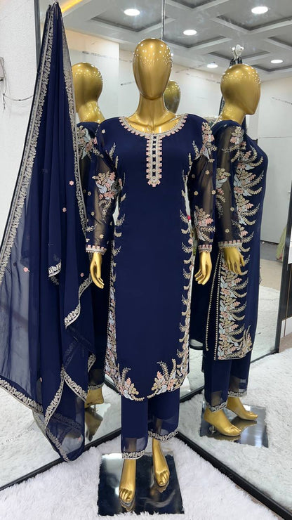 Elegant Georgette Diamond Work Navy Blue Kurti Set By WTW