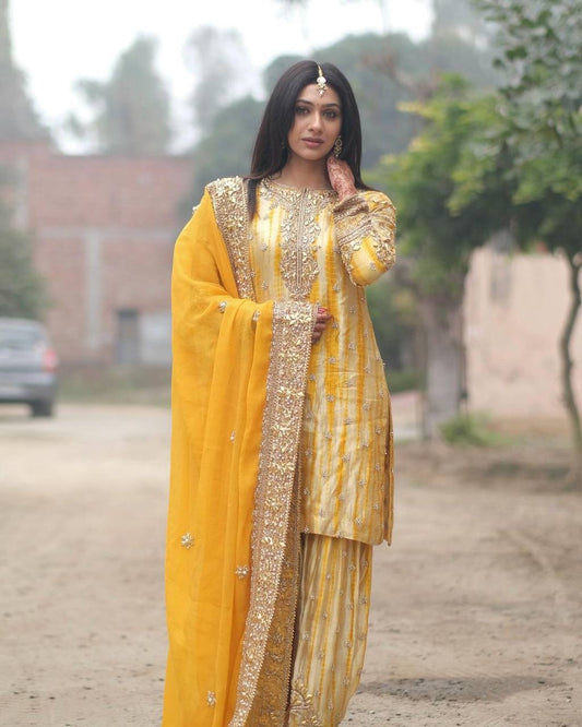 Super Yellow Chinnon Digital Printed Embroidery Salwar Suit By WTW