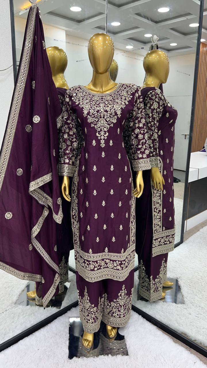 Elegant Purple Color Chinnon Silk Embroidery Sequence Salwar Suit By WTW