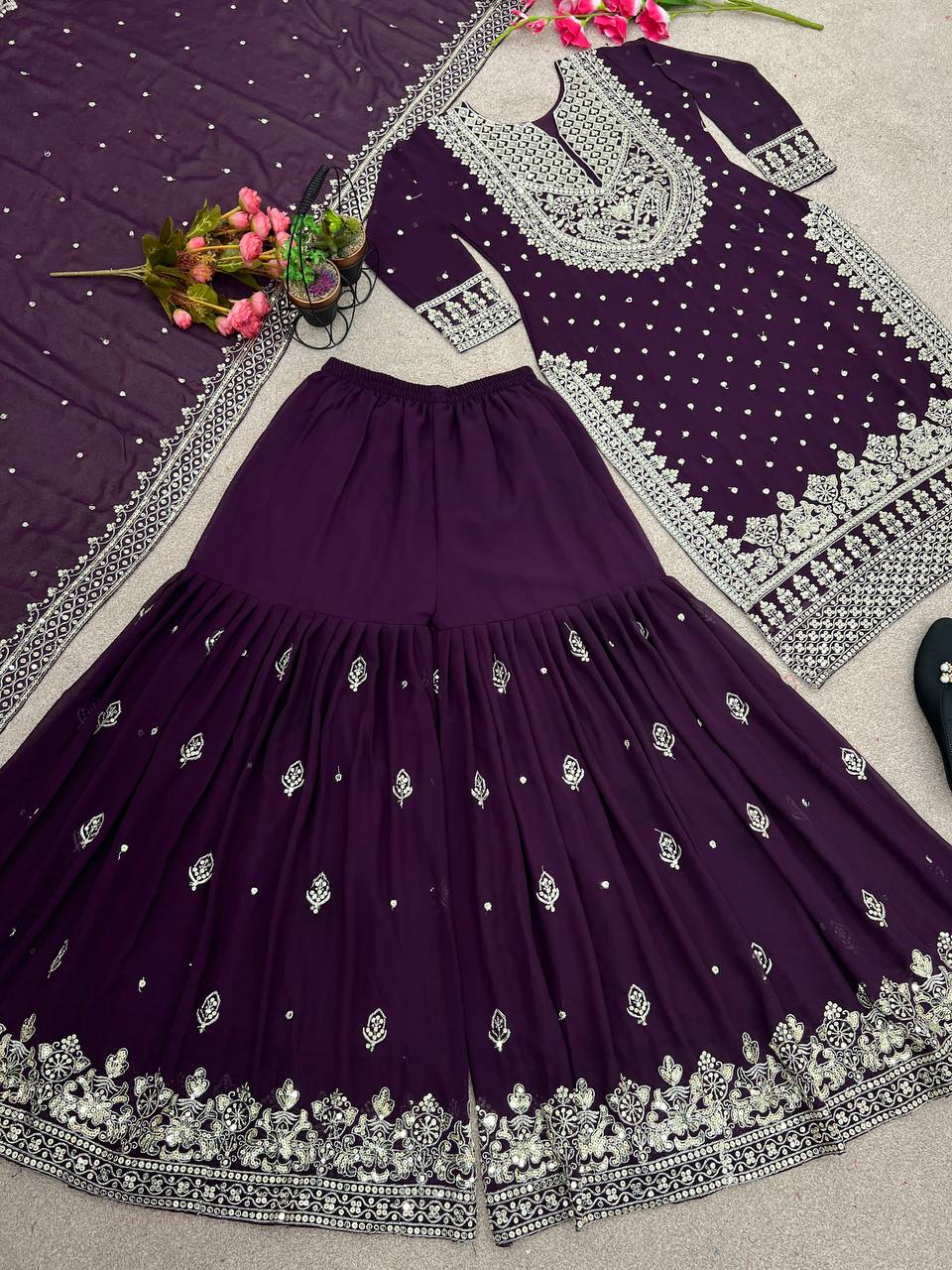 Pretty Purple Color Georgette Embroidery Sequence Salwar Suit By WTW