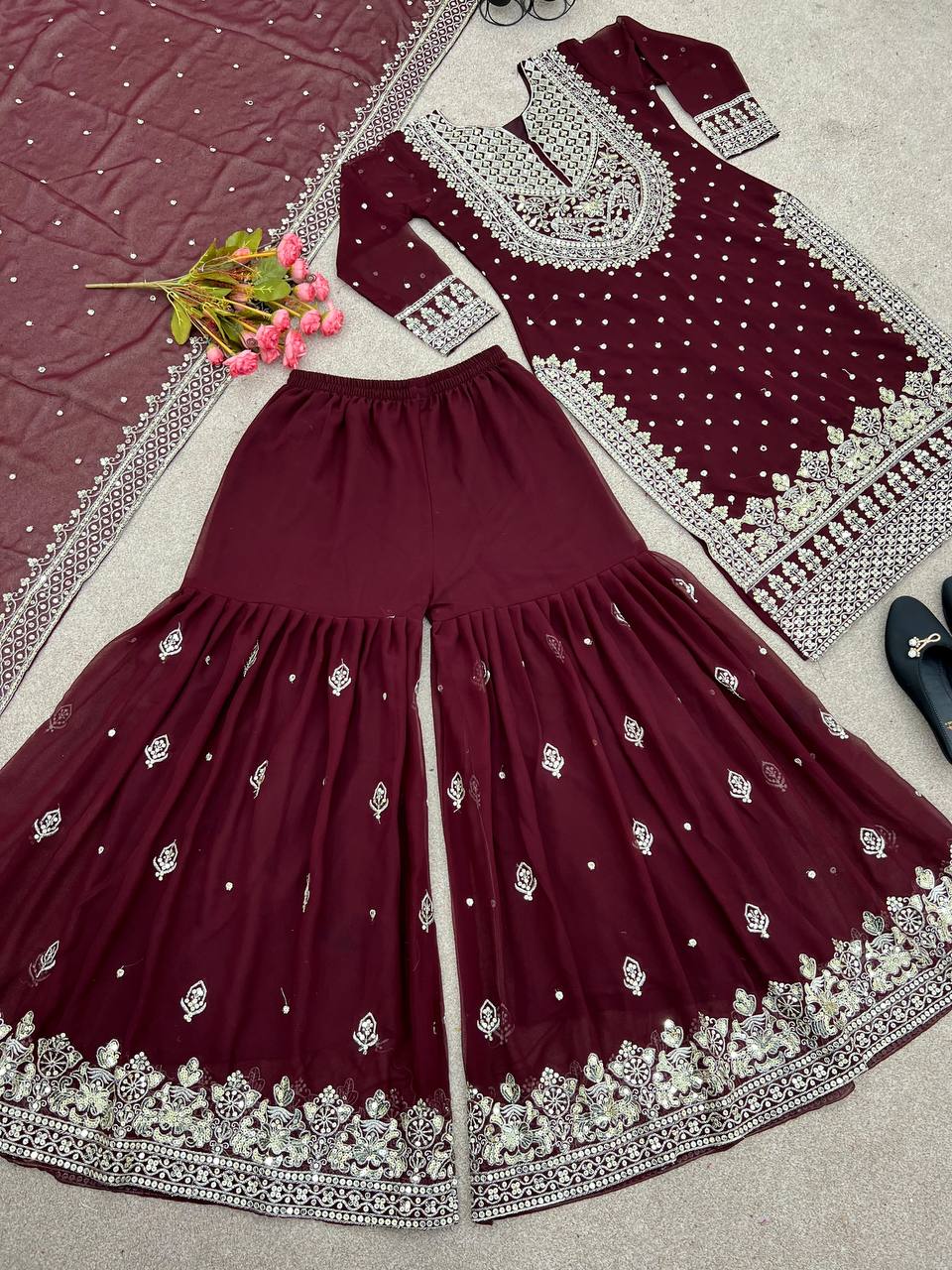 Pretty Wine Color Georgette Embroidery Sequence Salwar Suit By WTW