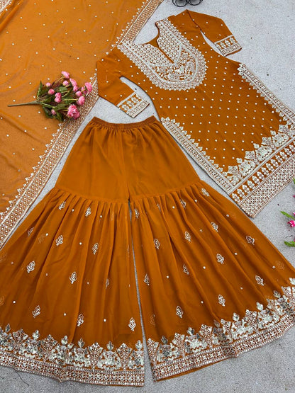 Pretty Rust Orange Georgette Embroidery Sequence Salwar Suit By WTW