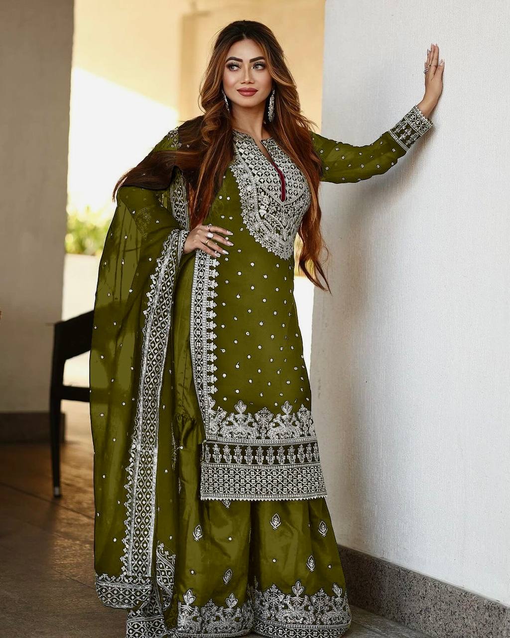 Pretty Mehndi Color Georgette Embroidery Sequence Salwar Suit By WTW