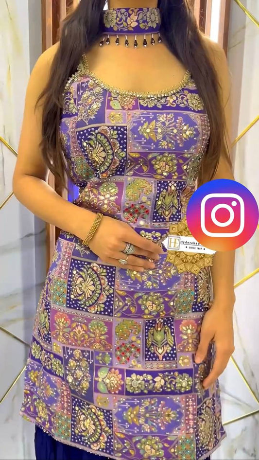 Mirror & Diamond Handwork Faux Georgette Sharara Suit By WTW