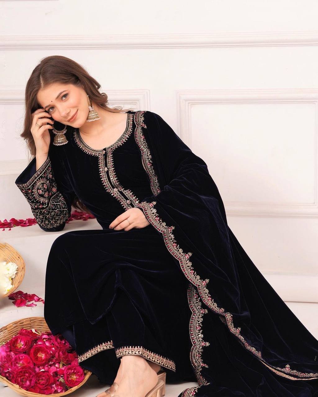 Black Color Salwar Suit In Velvet With Sequence Embroidery Work And Dupatta By WTW