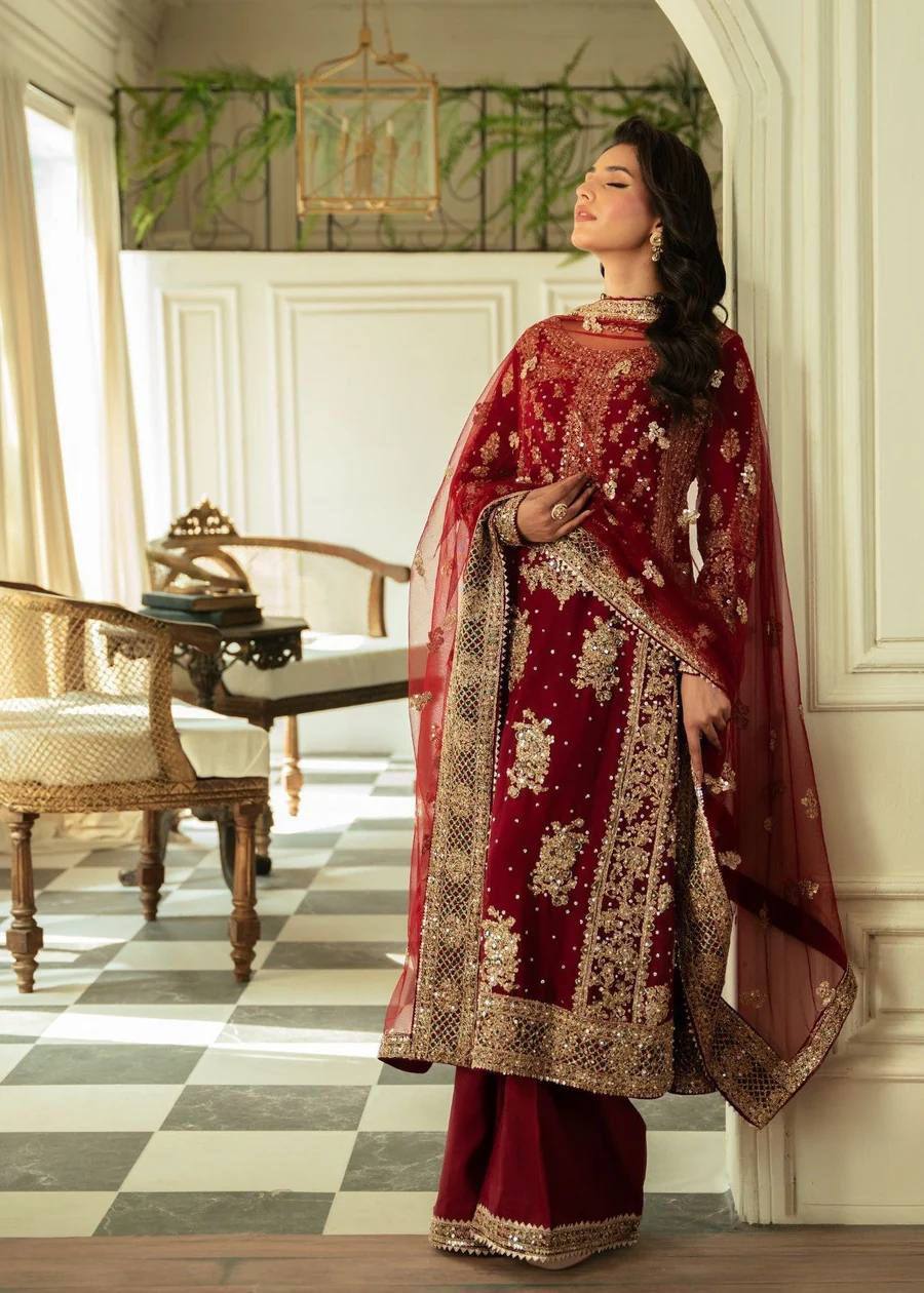 Red Faux Georgette Thread Work Plazzo Suit By WTW