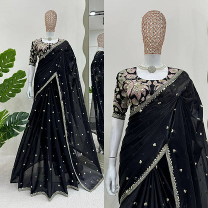 Black Shimmery Organza Designer Saree By WTW